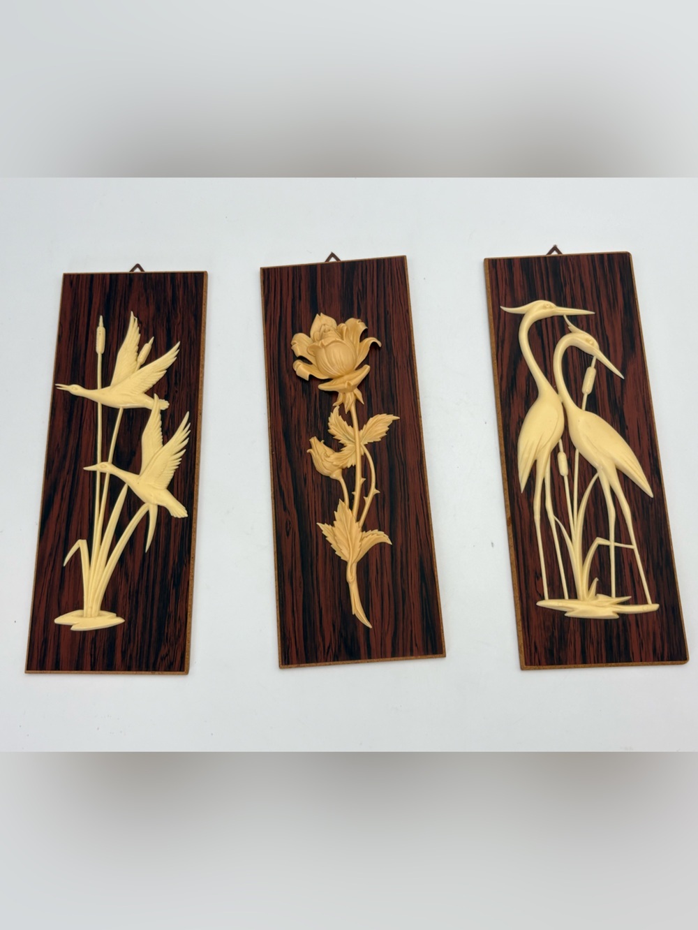 Set of 3 Mid-Century Modern Carved Wall Plaques in Brown and Cream